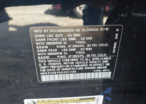 2016 Volkswagen Touareg Vr6 Lux z USA, uszkodzony, nr VIN WVGEF9BP5GD011156